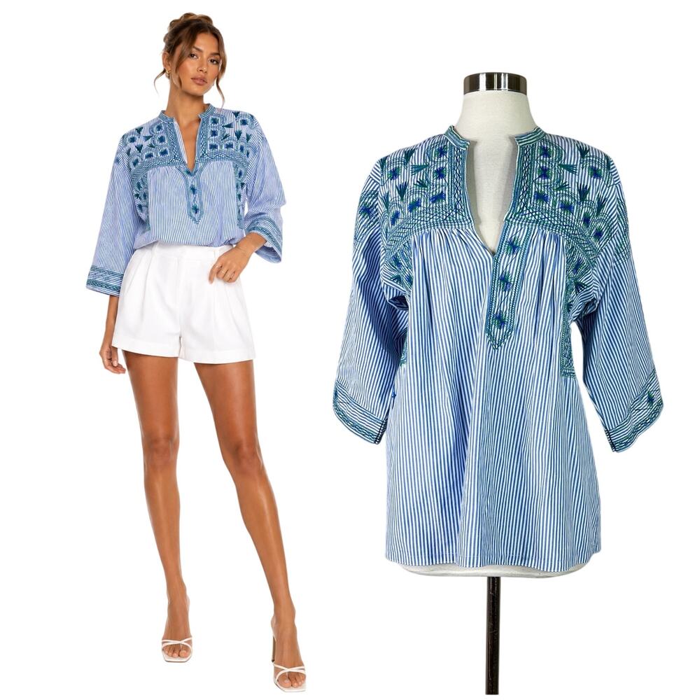Mi Golondrina | Mexican Hand Embroidered Blue White Striped Cotton Blouse Top M